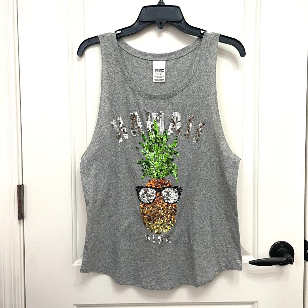 Victoria's Secret PINK Hawaii Tank Top Gray Sequin Pineapple Small